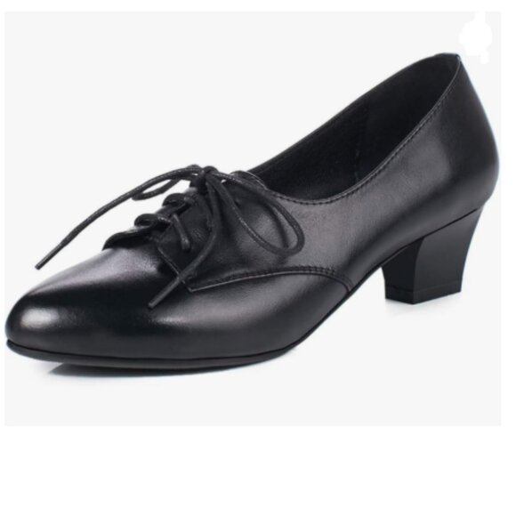 FOWT Black Lace-Up Loafers Pointed Toe Chunky Low Heel Tie Up Slip-on Pumps - Picture 1 of 8